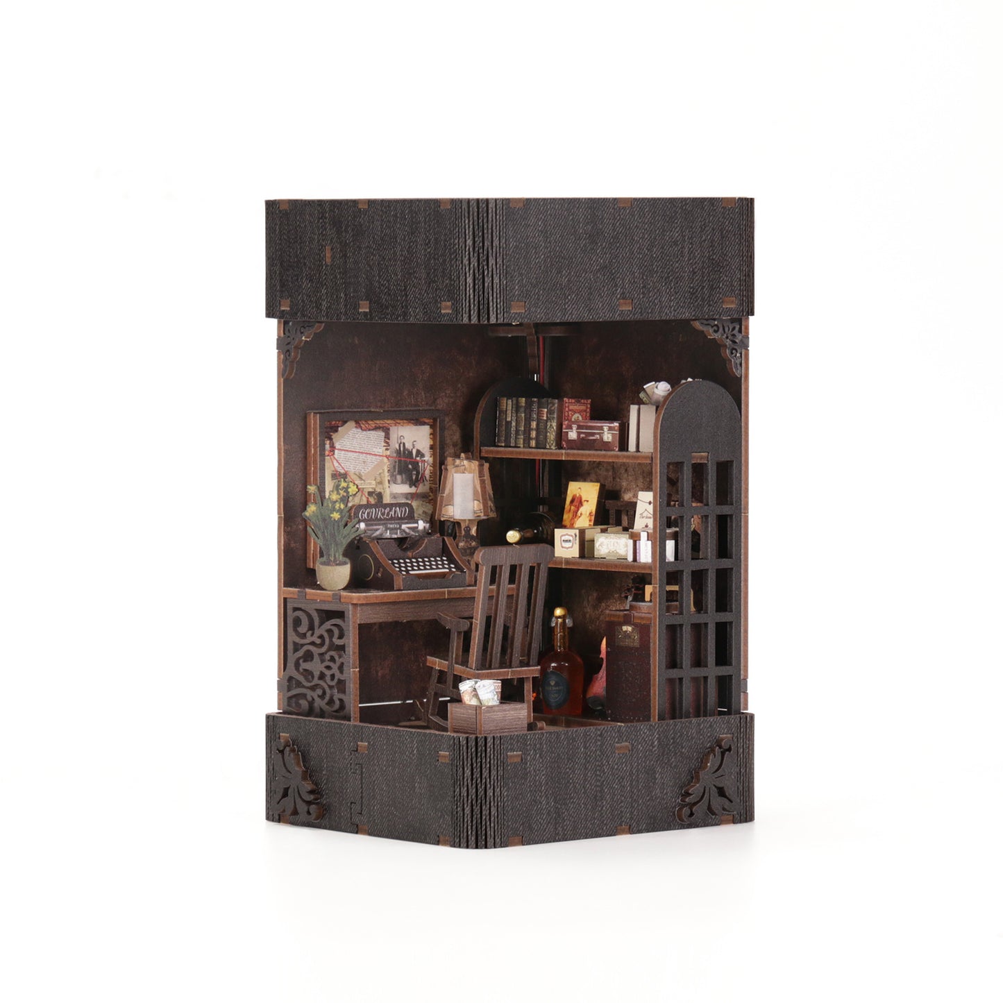 3D hand-assembled detective agency miniature scene wooden building model with sensor lighting