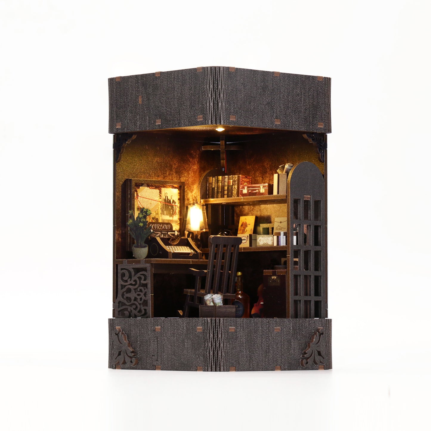 3D hand-assembled detective agency miniature scene wooden building model with sensor lighting