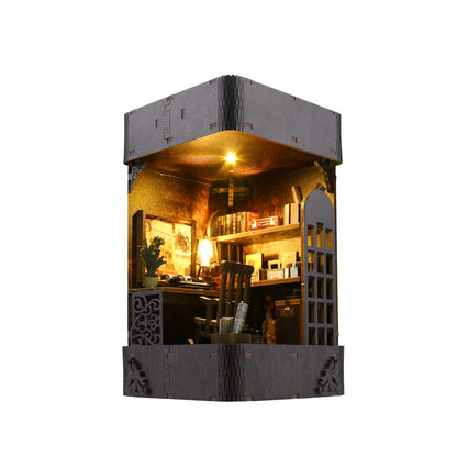 3D hand-assembled detective agency miniature scene wooden building model with sensor lighting