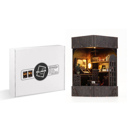 3D hand-assembled detective agency miniature scene wooden building model with sensor lighting