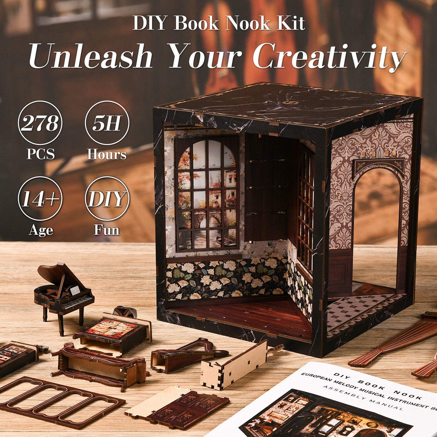 European Melody Musicaln strument BOX New DIY hut Ou Yunle box model house creative four-sided three-dimensional assembly book stand cross-border booknook