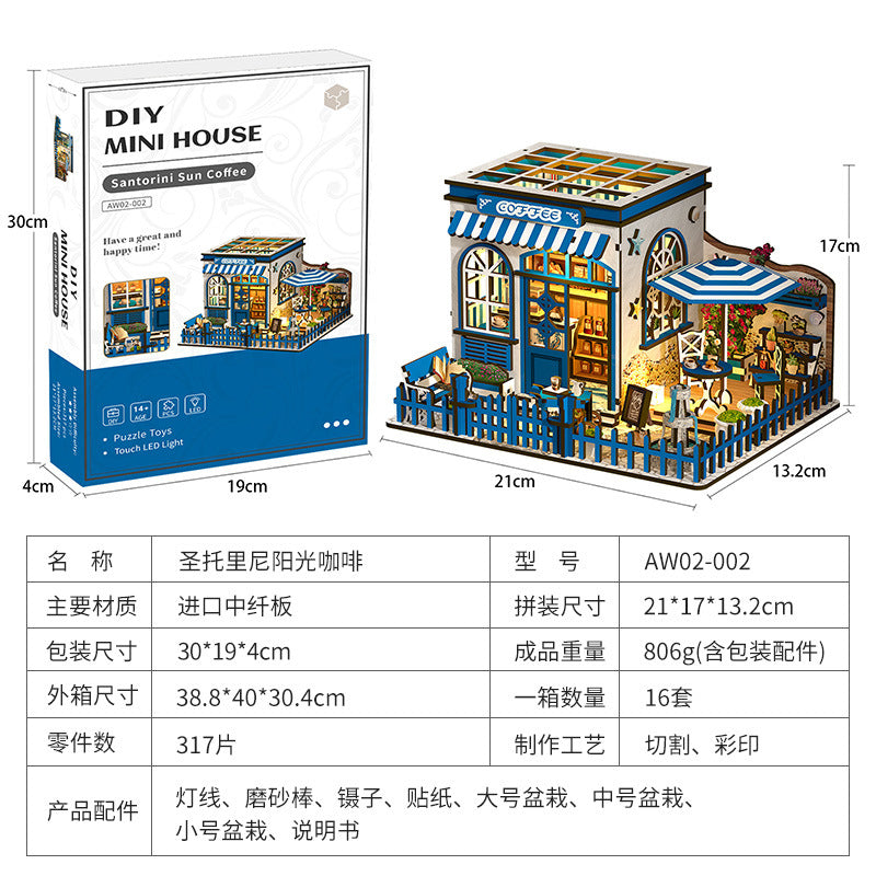 New DIY Cabin Santorini Sunshine Coffee House Three-dimensional Small House Model Hand-assembled Three-dimensional Puzzle