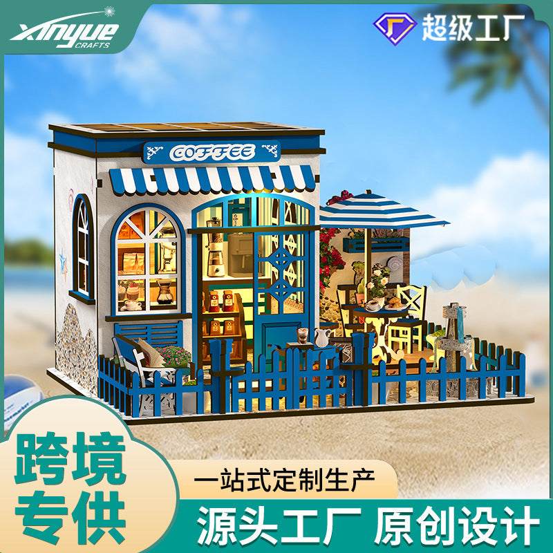 New DIY Cabin Santorini Sunshine Coffee House Three-dimensional Small House Model Hand-assembled Three-dimensional Puzzle