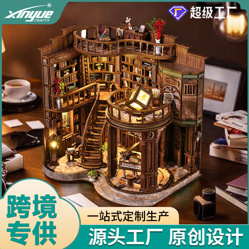 Qimeng Book Hall DIY hut retro European architectural model hand-assembled miniature house creative toy gift
